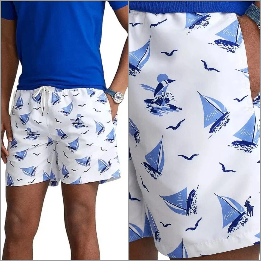 POLO Ralph Lauren Traveller Swim Trunks White Blue BEAR Sailboat Large